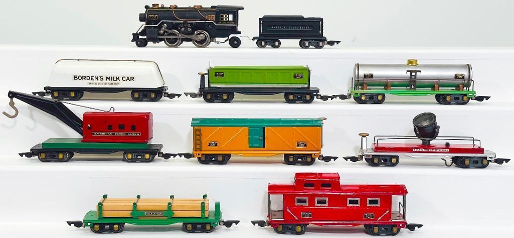 American Flyer Prewar O Gauge Black Locomotive and Black Tender with Eight (8) Assorted Freight Cars (1 of 8)