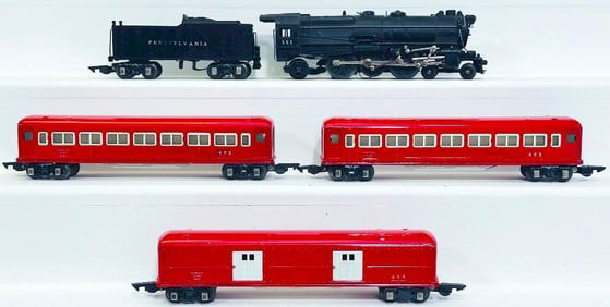 American Flyer Prewar O Gauge 561 Pennsylvania Locomotive and Tender with 495 - 494 - 495 red Cars