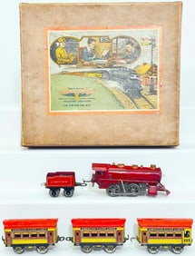 American Flyer Prewar O Gauge red 0-4-0 Locomotive and red Tender / 515-515-513 Passenger Cars Boxed