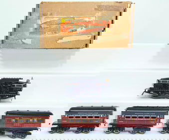 American Flyer Prewar O Gauge 1218 Black Electric Locomotive and 1306-1306-1205 Passenger Cars Boxed