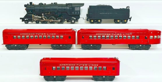 American Flyer Prewar O Gauge 435 Locomotive and Tender with Three (3) 6 wheel Truck red Cars