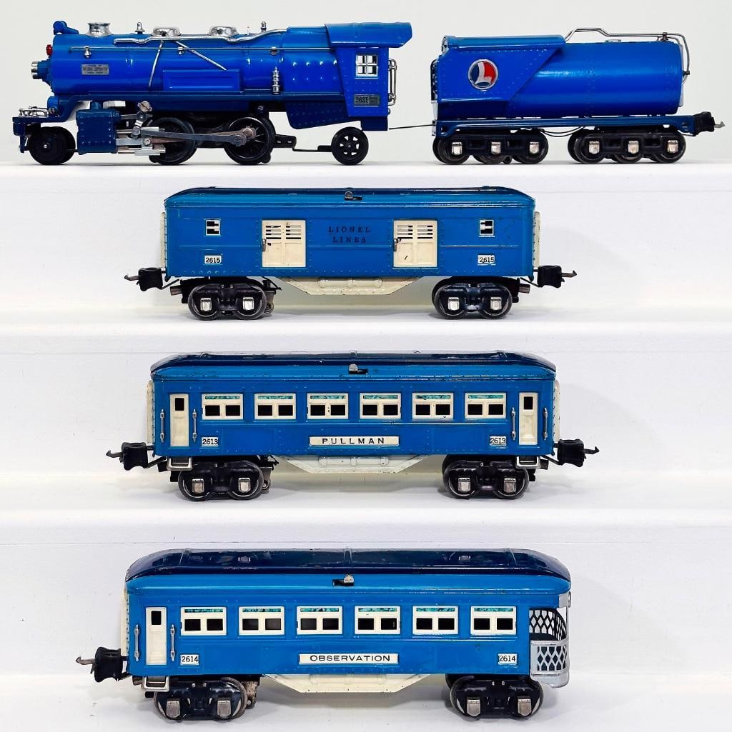 Lionel Prewar O Gauge 263E Blue Comet Passenger Set: Lionel Prewar O Gauge 263E Blue Comet Passenger Set, with the 263E Locomotive and Tender, each repainted to look C7. This Lot also includes 2615 - 2613 and 2614 Passenger Cars, each in C6 or better.