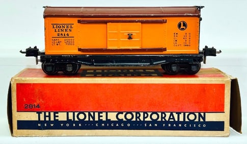 Lionel Prewar O Gauge 2814 orange and maroon Rubberstamped Box Car