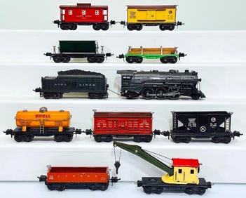 Lionel Prewar O Gauge 225E Gunmetal Locomotive & 2235W Gunmetal Tender/ Nine Assorted Freight Cars