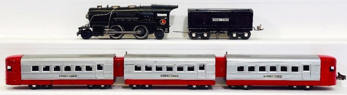 Lionel Prewar O Gauge 259E Black Locomotive and Lionel Junior red and silver Streamliner Cars