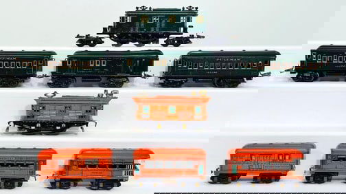 American Flyer Prewar O Gauge 3112 Orange Passenger Set and 3020 Green Passenger Set