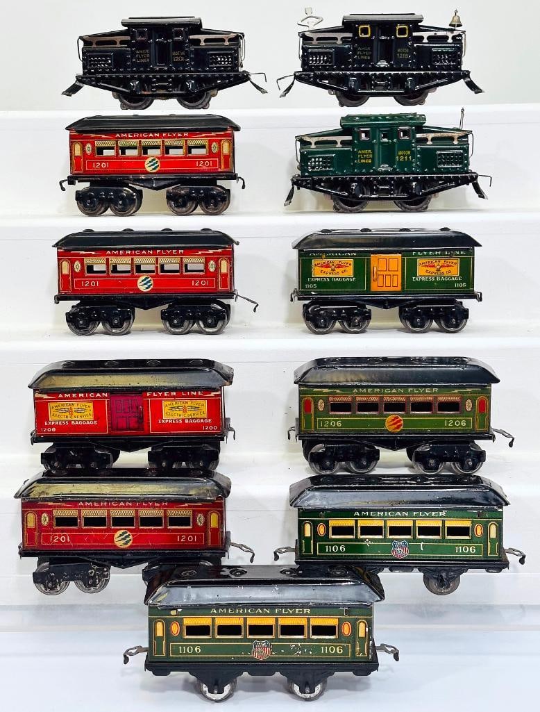 American Flyer Prewar O Gauge 1201 Black electric Locomotive/Four (4) red and black Passenger Cars: American Flyer Prewar O Gauge 1201 Black electric Locomotive and Four (4) red and black Passenger Cars/1218 Black Electric Locomotive with Four (4) green and black Passenger Cars/1211 Green Electric L