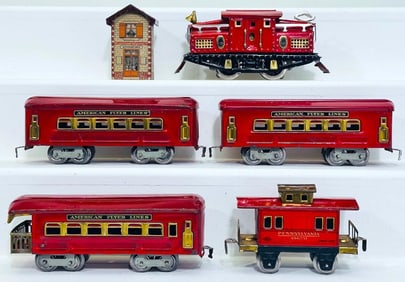 American Flyer Prewar O Gauge 3110 red Electric Locomotive with Three (3) red Passenger Cars