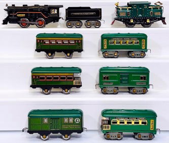 American Flyer Prewar O Gauge 3110 Green Electric Locomotive/Three Green Passenger Cars/3198 Loco
