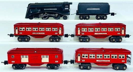 Lionel Prewar O Gauge 265E Black Locomotive and Black Tender with 600-600-601-602 red Passenger Cars