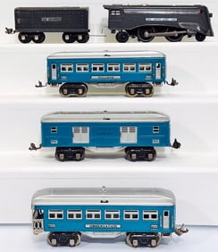 Lionel Prewar O Gauge 289E Gunmetal Locomotive & Gunmetal Tender/600-601-602 aluminum and blue Cars