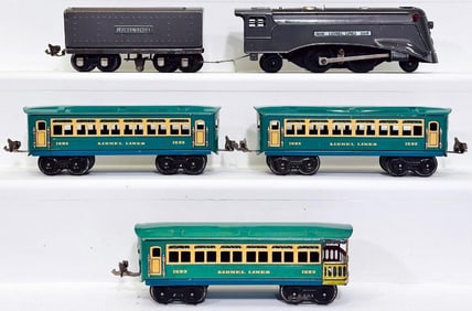 Lionel Prewar O Gauge 1689E Gunmetal Locomotive and Gunmetal Tender/1692-1692-1693 Passenger Cars