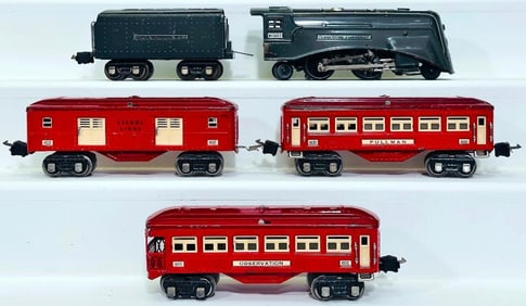 Lionel Prewar O Gauge 265E Gunmetal Locomotive and 265W Gunmetal Tender/600-601-602 Passenger Cars