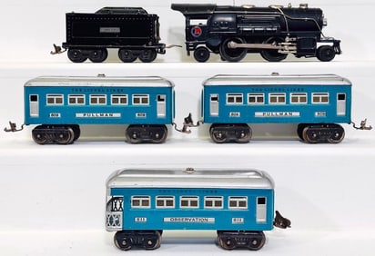 Lionel Prewar O Gauge 259 Black Locomotive and Black Tender with 609 - 609 - 611 Passenger Cars