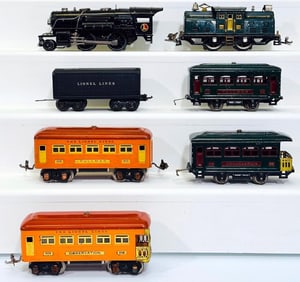 Lionel Prewar O Gauge 259E Black Locomotive and 1689T Black Tender with 603 and 604 Passenger Cars