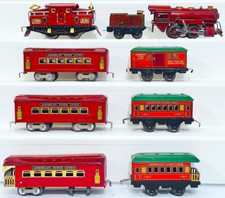 American Flyer Prewar O Gauge 3110 red Electric Locomotive from 1930/ Three (3) red Passenger Cars