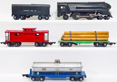 American Flyer Prewar O Gauge 553 Gunmetal Locomotive and Gunmetal Tender/484 Flat Car with lumber