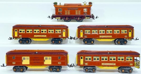 Lionel Prewar O Gauge maroon and terra-cotta 253E Electric Locomotive and 614 - 615 - 613 - 613 Cars