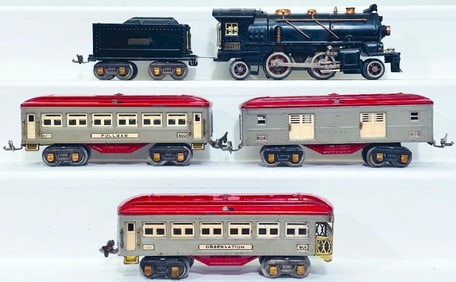 Lionel Prewar O Gauge 262E Black Locomotive and 262T Black Tender with 600-601-602 Passenger Cars