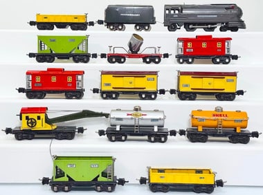 Lionel Prewar O Gauge 238E Gunmetal Locomotive and 2265T Gunmetal Tender/Twelve (12) Assorted Cars