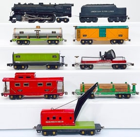 American Flyer Prewar O Gauge 447 2 - 6 - 4 Locomotive and Black Tender with Seven Assorted Freights
