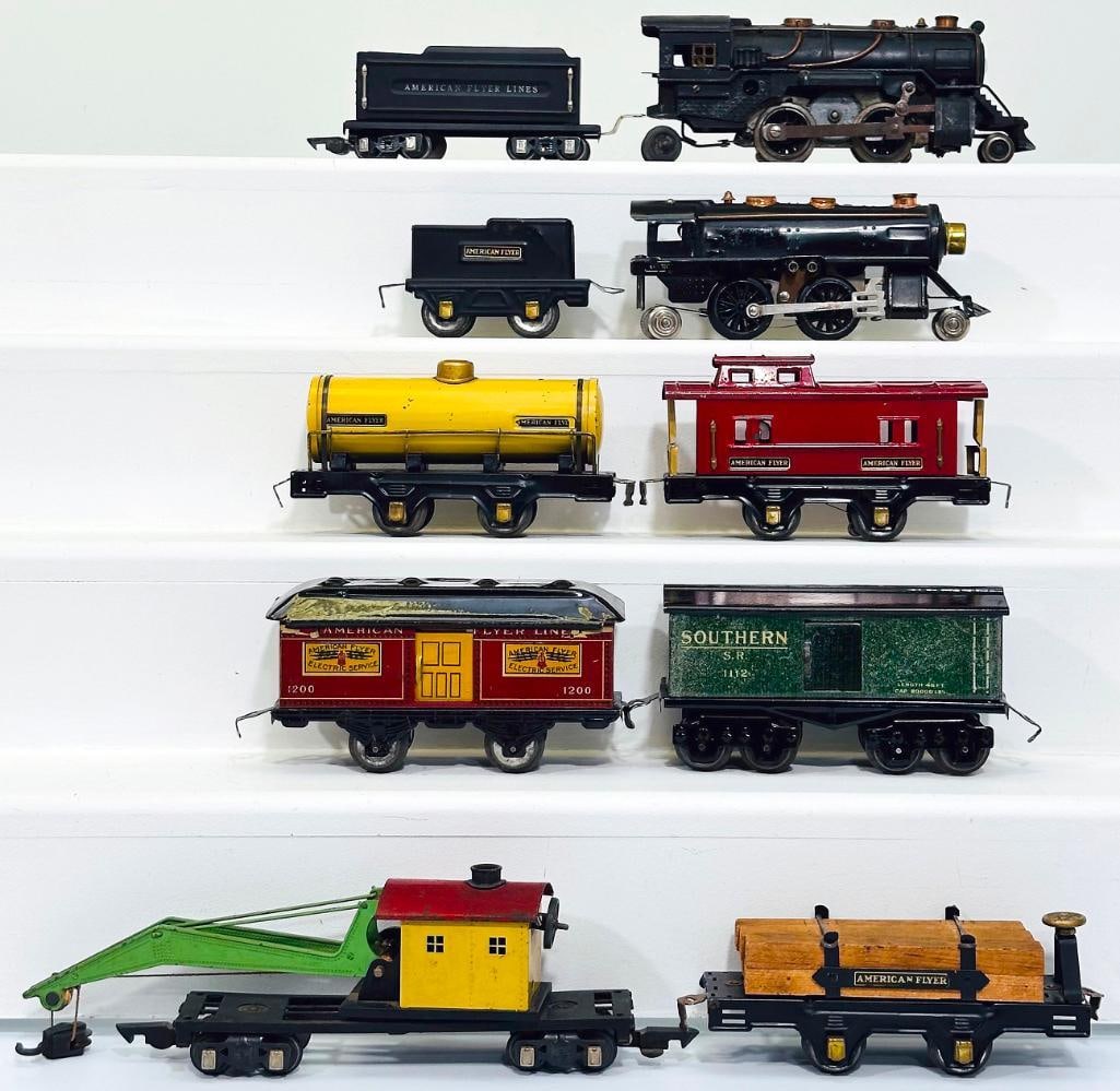 American Flyer Prewar O Gauge 2 - 4 - 2 Black Locomotive and Black Tender/Six (6) Assorted Freights (1 of 10)