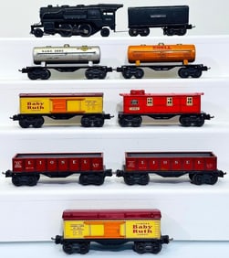 Lionel Prewar O Gauge 258 black Loco and 2689WX Tender with Seven (7) Assorted Freight Cars
