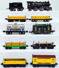 Lionel Prewar O Gauge 262 Black Locomotive and 258T Black Tender / Seven (7) Assorted Freight Cars