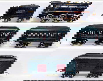 Ives Prewar O Gauge 257 Locomotive with Orange Stripe and Ives Black Tender with 601-601-602 Cars