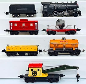Lionel Prewar O Gauge 249E Gunmetal Locomotive and 2225T Gunmetal Tender with Five (5) Assorted Frei