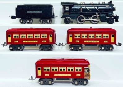Lionel Prewar O Gauge 262E Black Locomotive and Black Tender with 607 - 607 - 608 red Passenger Cars