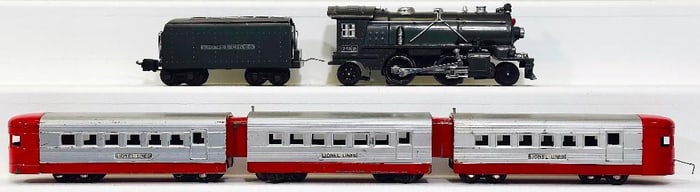 Lionel Prewar O Gauge 249 Gunmetal Locomotive & 2225T Gunmetal Tender with chrome/ Lionel Jr. Cars