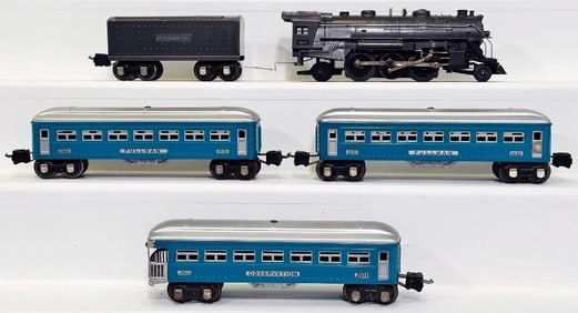 Lionel Prewar O Gauge 1666E Gunmetal Locomotive and Gunmetal Tender/2630-2630-2631 Passenger Cars