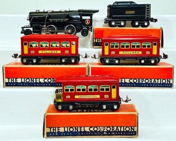 Lionel Prewar O Gauge 259E black Locomotive and Black Tender with 629 - 629 - 630 Passenger Cars