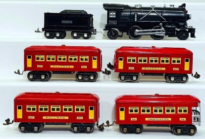 Lionel Prewar O Gauge 249E Black Locomotive and Black Tender with 607-607-607-608 red Passenger Cars