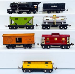 Lionel Prewar O Gauge 259E Black Locomotive and Black Tender with Five (5) Assorted Freight Cars