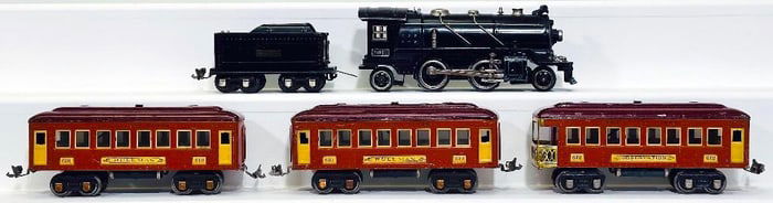 Lionel Prewar O Gauge 261E Black Locomotive and Tender/ 610-610-612 Terra Cotta and Maroon Cars