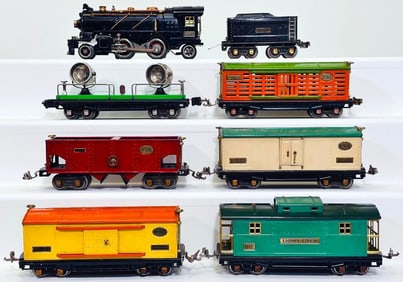 Lionel Prewar O Gauge 262E Black Locomotive and Tender/ Six (6) Assorted Freight Cars
