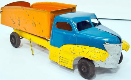 Buddy L Prewar #402 Dump Truck with wood wheels rare blue/yellow/orange