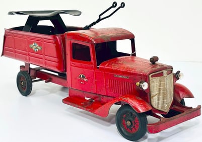 Buddy L Prewar #50 International Sit N Ride Dump Truck red and black
