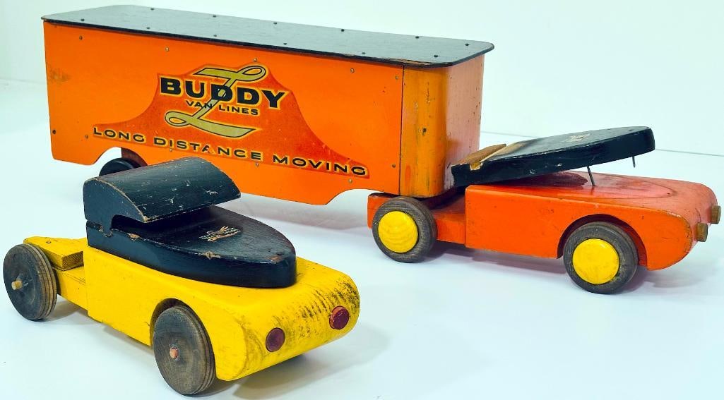 Buddy L Prewar Tractor and Van wood and Tractor wood only yellow and black: Buddy L Prewar Tractor and Van wood and Tractor wood only yellow and black, with the orange and black tractor missing its roof to the cab, but in C6 plus or better. The Tractor only yellow and black i