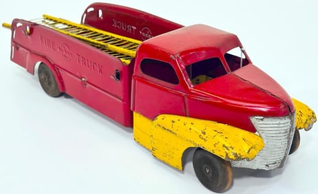 Buddy L Prewar #502 Fire Truck with wood wheels red and yellow