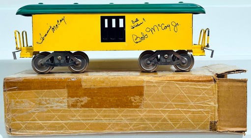 McCoy Modern Standard Gauge Special Baggage Car Yellow and Green received from the McCoy Shops