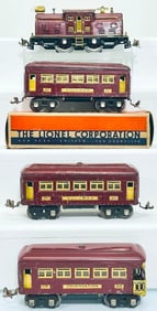 Lionel Prewar O Gauge 252 maroon Electric Locomotive and 607 - 607 - 608 maroon Passenger Cars