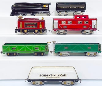 American Flyer Prewar O Gauge black Streamliner 715 Locomotive/ black Tender, 3100 red Electric Loco