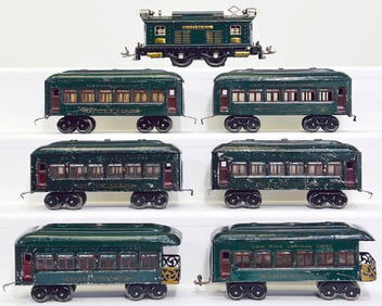 Lionel Prewar O Gauge 253 dark green Electric Locomotive/ Six (6) Assorted dark green Passenger Cars