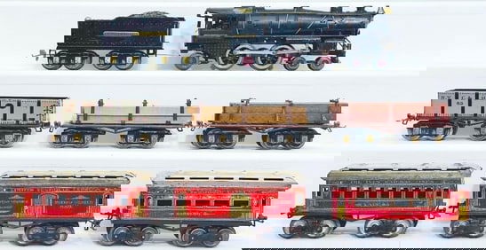 Ives Prewar O Gauge 1122 black Locomotive and Tender/ Three (3) Ives Freight Cars and 61-60-62 Cars