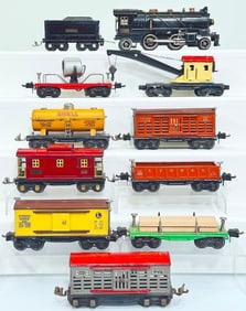 Lionel Prewar O Gauge 262 Black Locomotive and 8 wheel Black Tender/ Nine (9) Assorted Freight Cars