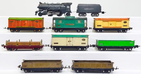 Lionel Prewar O Gauge 249E Gunmetal Locomotive and 265W Gunmetal Tender/Eight (8) Assorted Freights