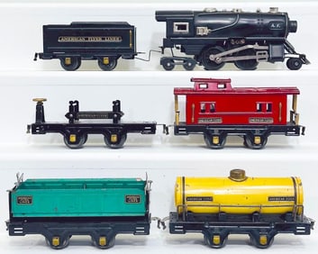 American Flyer Prewar O Gauge Black 2-4-4 Locomotive and Tender and Four (4) Assorted Freight Cars